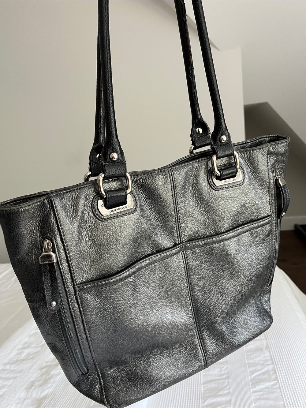 Tignanello Graphite Leather Shoulder Tote with Silver Hardware